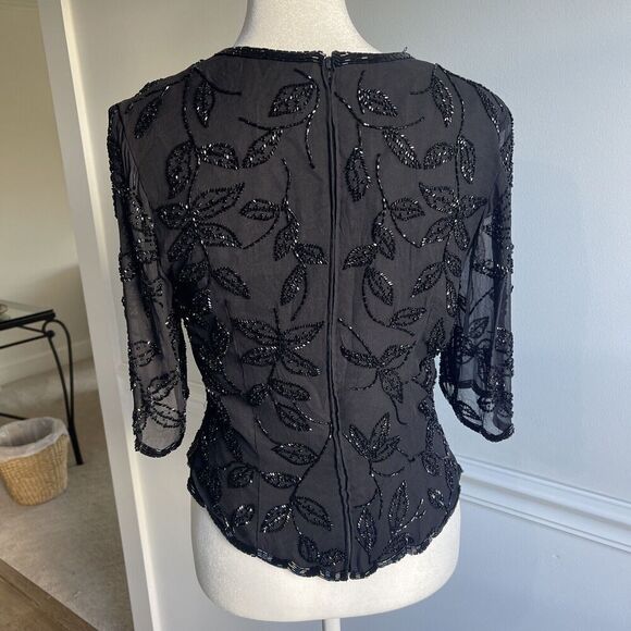 Vintage Small Beaded Black Blouse Sheer Sleeve Goth Steampunk Prom Event Lined - Picture 5 of 14